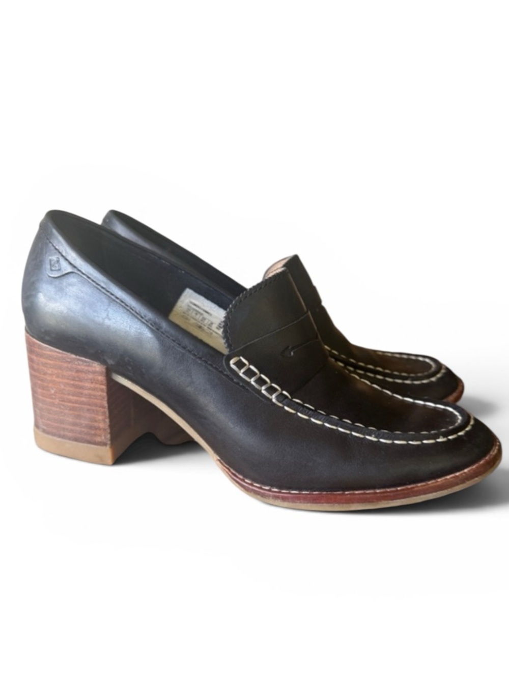 Sperry Black Leather Penny Loafers with Stacked Brown Heel 9.5